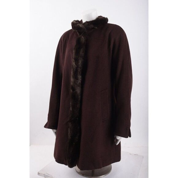 Ellen Tracy Womens Wool Coat Overcoat Mid length Brown Faux Fur Trim Sz US 4 - Picture 4 of 6